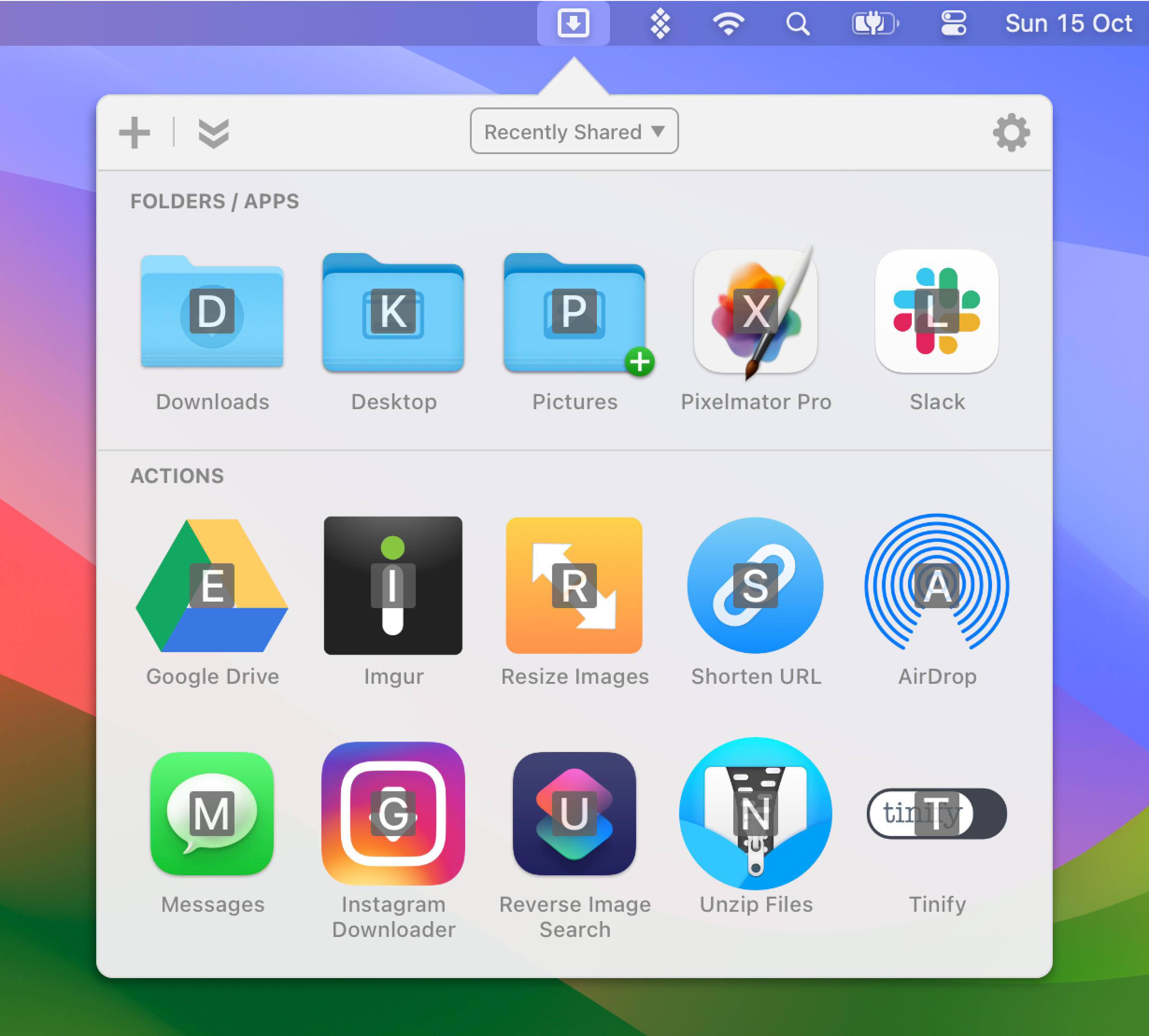 Dropzone opens and shows the shortcut key overlaid on each icon