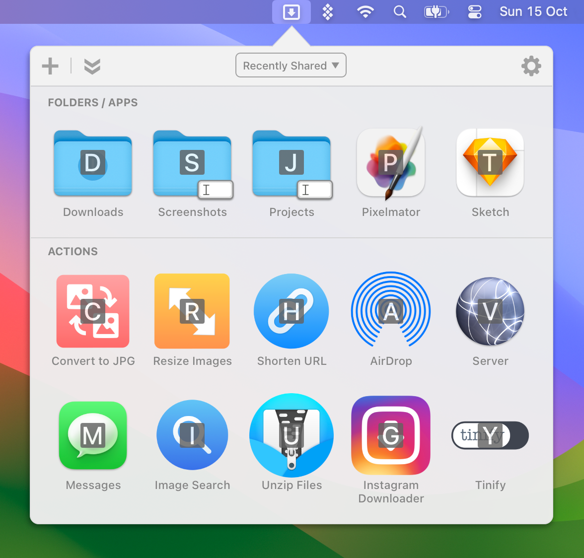 Dropzone opens and shows the shortcut key overlaid on each icon